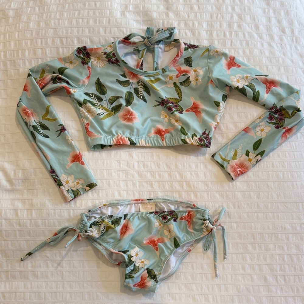 Lului Bikinis Floral Kids Swim Bikini - Green and Pink 8 like new